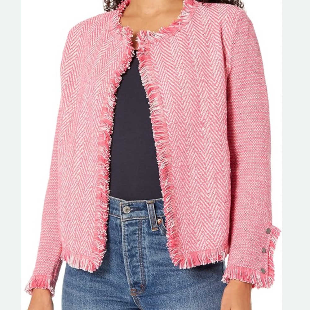 NIC+ZOE Pink & White Textured Fringe Mix Knit Jacket Blazer Women's XS EUC